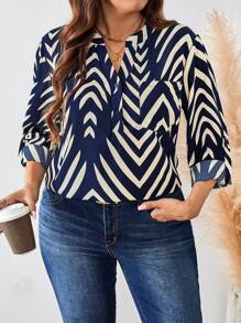 SHEIN LUNE Blusa casual de mujer de talla grande con botones delanteros, manga larga, bolsillo y estampado todo sobre para vacaciones - Multicolor - Ver 5