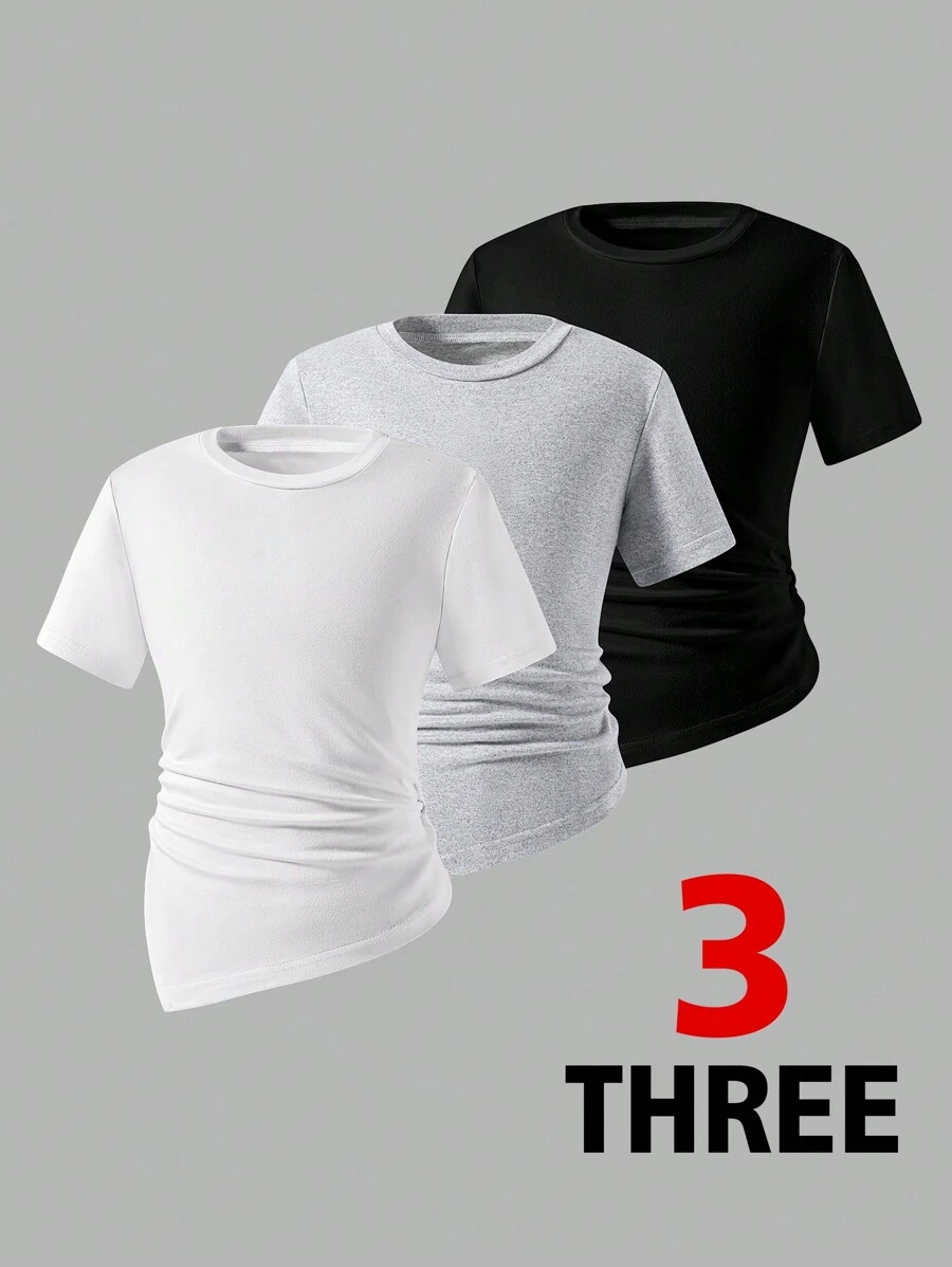 SHEIN 3pcs/Set Tween Girls' Summer Casual Solid Color Ruched Asymmetric Hem T-Shirts - Multicolor - View 1