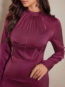 Modelyn Women's Solid Color High Slit Dress With Long Sleeves Long Evening Dresses - Hot Pink - View 7