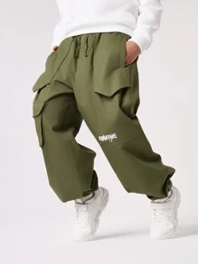 SHEIN Tween Boys' Woven Solid Color Loose Fit Casual Pants With Letter Printing And Multiple Pockets - Army Green - View 1