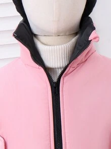 SHEIN Winter Pink Zipper Detachable Collar Pocket Warm Girl Short Windbreaker Fashionable Children Jacket - Pink - View 5