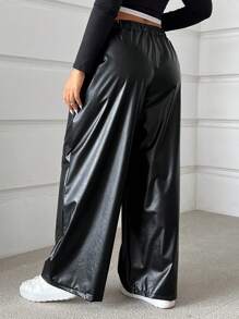 SHEIN EZwear 大码黑色 PU 抽绳休闲宽松裤 - 黑色 - 查看 2