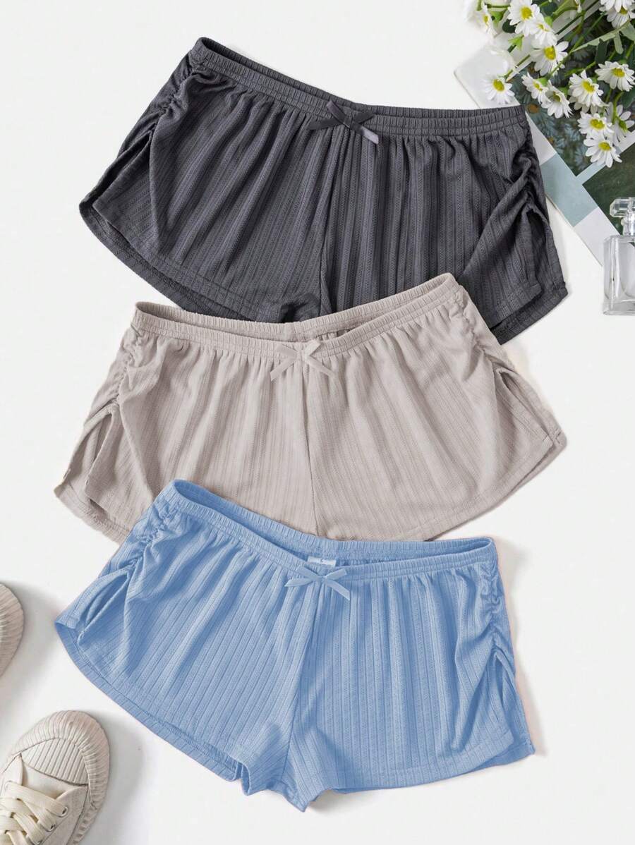 3 件套女士蝴蝶结装饰褶皱休闲短裤睡衣 - 彩色 - 查看 1