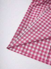 Breezaya 夏季休闲格子圆领泡泡袖连衣裙 - 玫紅色 - 查看 4