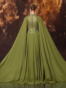 YISIKADO Váy dạ hội trang trọng maxi bằng vải chiffon pha lê sang trọng dành cho nữ có cổ đứng và tay dài, váy dự tiệc cưới, váy dạ hội, dành cho khách dự tiệc cưới, tốt nghiệp, tiệc tối - Màu xanh Ô liu - Xem 3