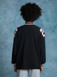 SHEIN Tween Boys' Solid Color Letter Print V-Neck Loose Casual Long Sleeve Sweatshirt - Black - View 2