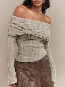 MISSGUIDED Western Metal Detail Textured Off-Shoulder Long Sleeves Bardot Top - Apricot - View 3