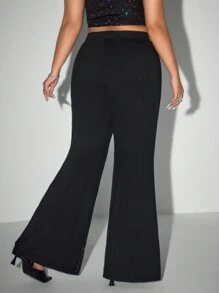SHEIN ICON Plus Size Women's Solid Color High Waist Splice Rhinestone Mesh Flare Pants, Halloween Costume - Black - View 6