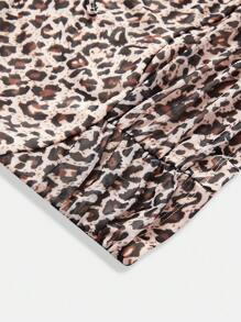 SHEIN Girlism Tween Girls Mock Neck, Ruched Waist, Peplum Sleeve, Leopard Print T-Shirt - Khaki - View 4