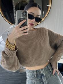 DAZY Dames effen ronde hals vleermuismouwen lange mouw cropped losse trui, herfst/winter