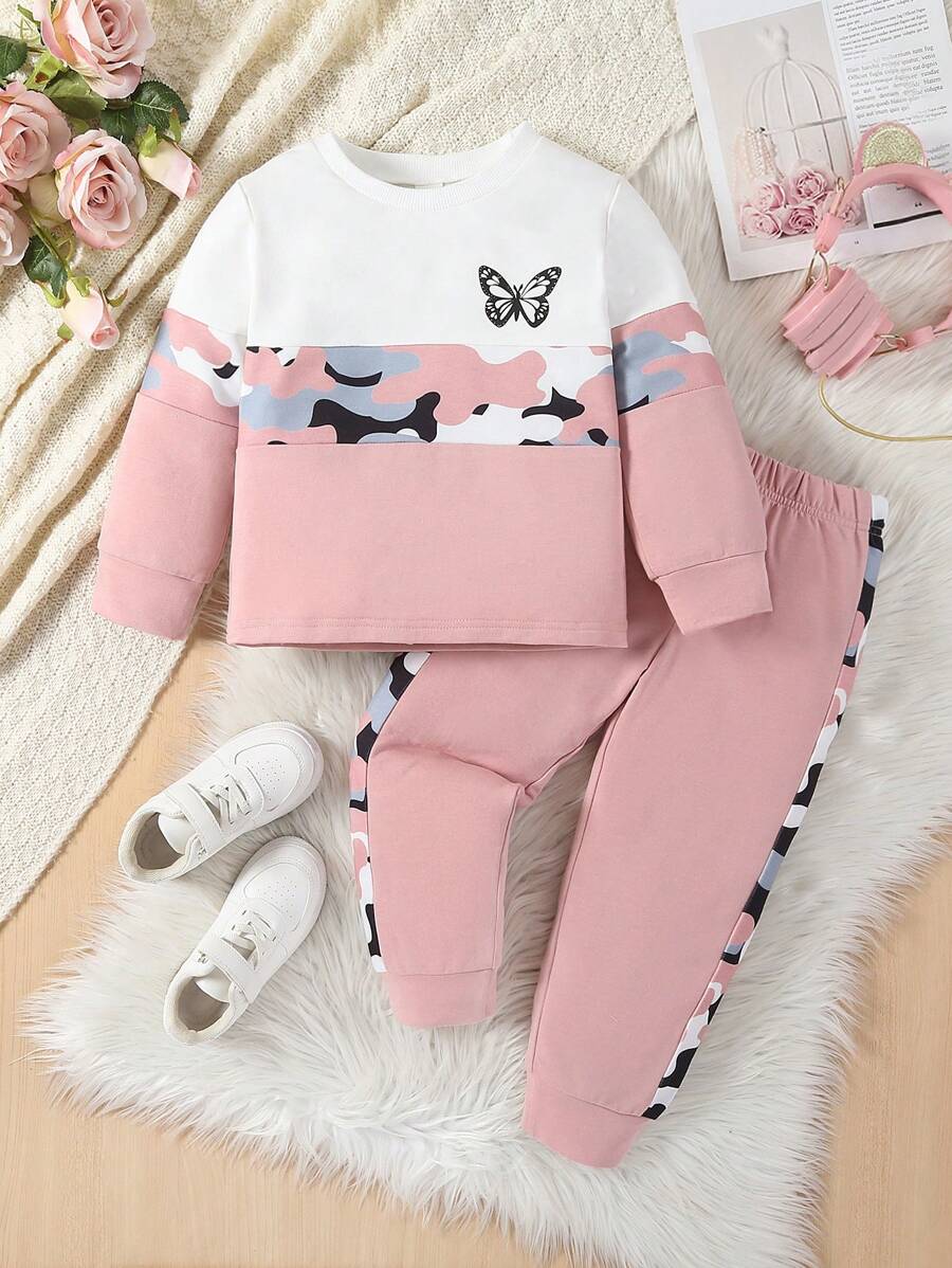 SHEIN 2pcs Girl Crew Neck Butterfly & Camouflage Print Contrast Color Long Sleeve Top And Elastic Waist Pants Casual Set - Pink - View 1