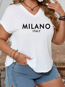 SHEIN LUNE 大码女式简约 V 领 MILANO 文字印花短袖 T 恤，夏季 - 白色 - 查看 3