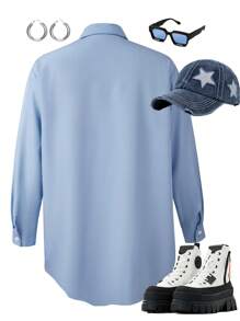 SHEIN Teen Girl Casual Basic Preppy Elegant Pleated Ruffled Collar Long Sleeve White Blouse For Girls, Suitable For Autumn, Winter, School, Back To School Season, Party, Stage Performance, Awards Ceremony, Daily Wear - Blue - View 2