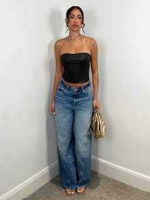 SHEIN BAE Women's Solid Color PU Leather Cropped Bustier Top, Fashionable Summer - Black - View 4