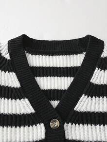 SHEIN Áo len cardigan sọc dài tay cổ chữ V rộng rãi cho bé gái tuổi teen - Đen và trắng - Xem 4