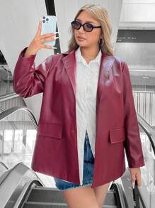 CovetEZ Plus Size Burgundy PU Blazer Jacket, For Winter