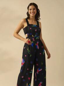 CAJUNI Women's Holiday Vacation Casual Bohemian Tropical Bird Print Black Jumpsuit For Summer