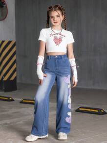 WESTFADE Young Blugi din denim Tween Girl Heart & Butterfly Applique