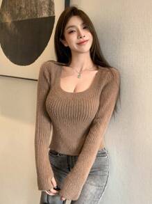 DAZY Suéter de mujer de unicolor con cuello cuadrado, parte superior de manga larga