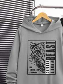 SHEIN 2 件套青少年男童休闲动物和英文图案印花连帽运动衫和抽绳运动裤套装，适合秋季、冬季、学校、家居、运动、简约和百搭日常穿着 - 灰色 - 查看 4