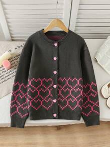 Girls' Autumn/Winter Clothing, Round Neck Long Sleeve Heart Pattern Sweater Cardigan, Sweet Cute Loose Knit Jacket - Dark Grey - View 5