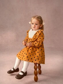 Baby Girl Polka Dot Print & Furry Contrast Ruffle Hem Casual Dress, Fall/Winter - Khaki - View 6