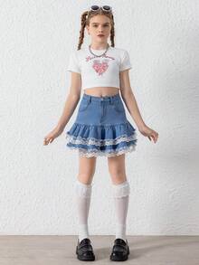 Váy denim cho bé gái tuổi teen có ren, thiết kế mềm mại dễ thương có lót, phong cách giản dị và thời trang mới - Rửa trung bình - Xem 8