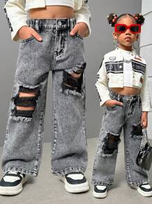 SHEIN Explorewe 年轻女孩新款时尚做旧浅蓝色洗水牛仔直筒牛仔裤 - 深灰色 - 查看 1