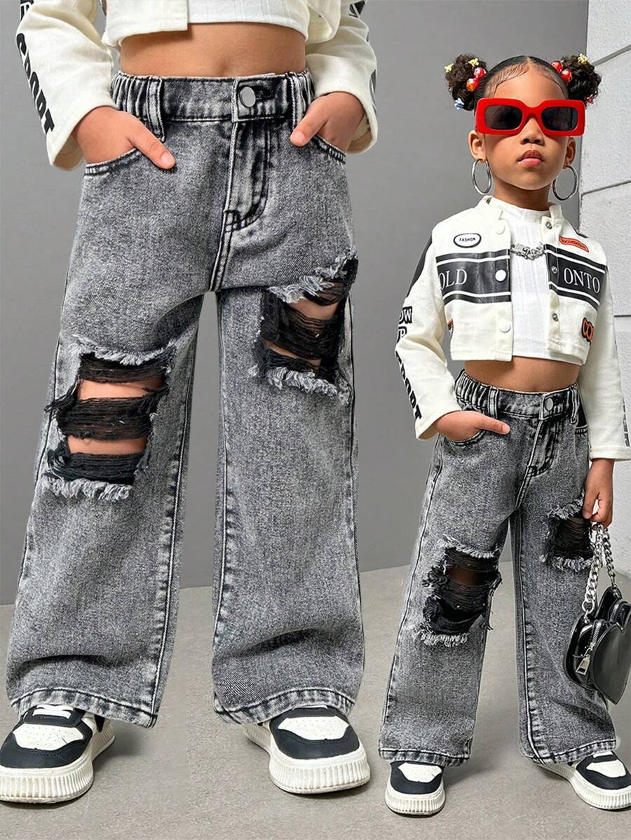 SHEIN Explorewe 年轻女孩新款时尚做旧浅蓝色洗水牛仔直筒牛仔裤 - 深灰色 - 查看 1