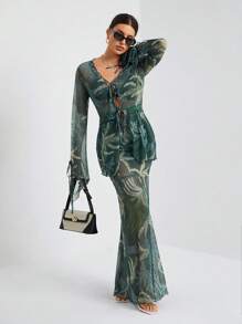 SHEIN Tall Bộ đồ hai mảnh thời trang lãng mạn cho kỳ nghỉ dành cho nữ gồm áo sơ mi buộc dây bèo nhún + váy - màu xanh lá - Xem 6