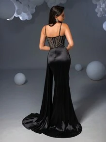 黑色水钻开衩高开衩垂褶侧吊带晚礼服，优雅正式晚礼服，适合婚礼宾客、毕业典礼、盛大晚宴及其他正式场合。 - 黑色 - 查看 2