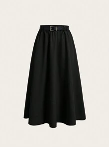 SHEIN EZwear Váy chữ A đơn sắc thường ngày cho nữ mùa xuân thu - màu đen - Xem 1