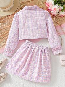 SHEIN 青少年女孩时尚法式优雅全印花双排扣长袖夹克和裙子两件套 - 粉色 - 查看 2