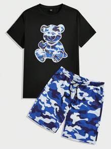 Manfinity VCAY 男士迷彩熊印花短袖动漫 T 恤和短裤套装 - 藍色 - 查看 1