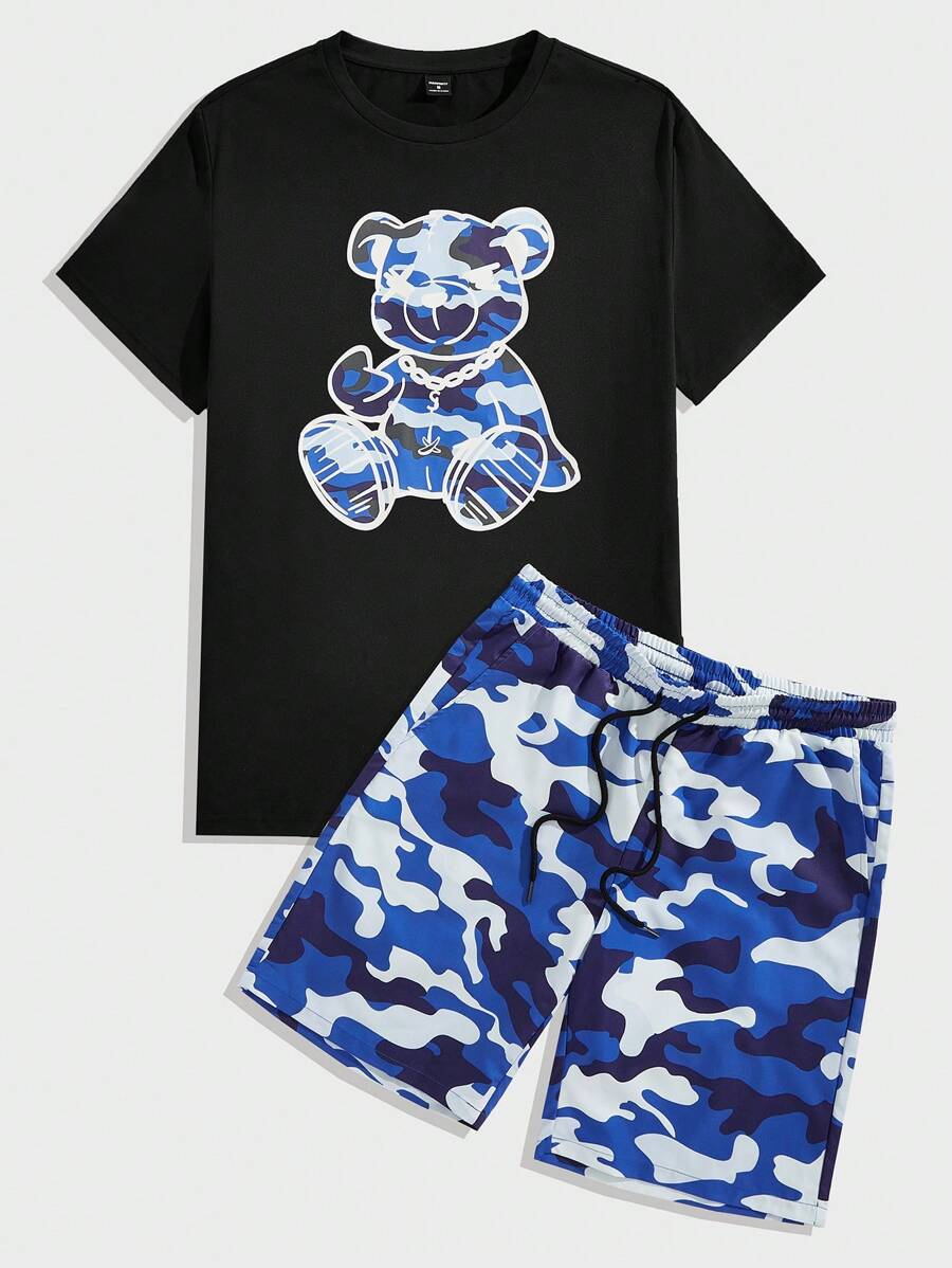 Manfinity VCAY 男士迷彩熊印花短袖动漫 T 恤和短裤套装 - 藍色 - 查看 1