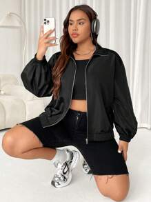 SHEIN EZwear Chaqueta casual con cremallera de unicolor talla grande