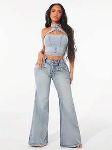 SHEIN SXY Summer Sexy Zipper Hollow Out Back Halter Denim Top - Light Wash - View 7