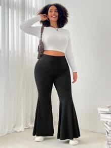 SHEIN EZwear Plus Size Women Black Flare Leg Casual Pants - Black - View 4