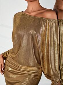 SHEIN SXY 金色不对称领口蝙蝠袖派对礼服，秋冬