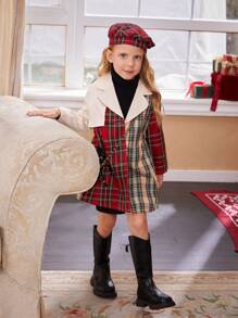 SHEIN 1pc 圣诞节年轻女孩休闲通勤杏色拼接红色格子和卡其色格子不对称设计腰部收腰外套套装配贝雷帽，秋季