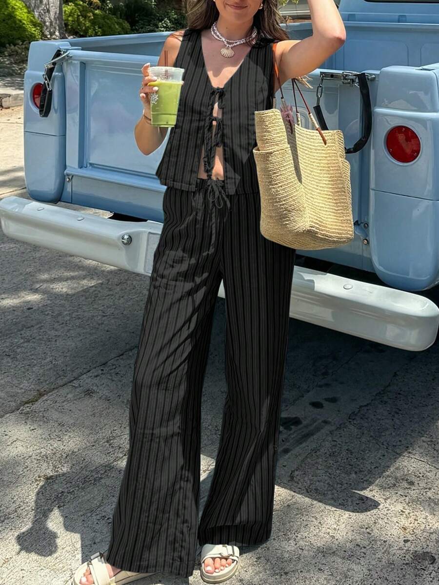 INAWLY 2 件套女士假日休闲条纹系带吊带背心和裤子套装