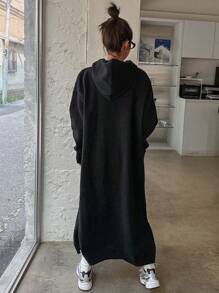 DAZY 女式纯色落肩长袖连帽超长毛衣连衣裙，秋冬 - 黑色 - 查看 5
