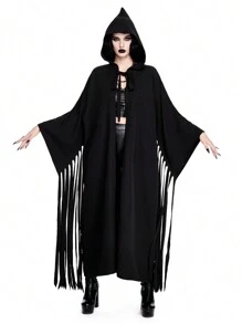 ROMWE Avant 角色扮演鬼魂流苏连帽领长袖角色扮演服装斗篷外套，女士万圣节服装 - 黑色 - 查看 6