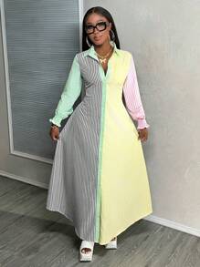 BamGleam 女士拼色条纹长袖时尚休闲连衣裙 - 彩色 - 查看 3