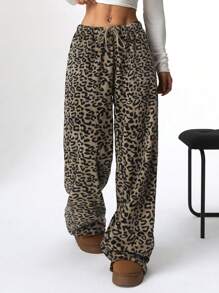 SHEIN EZwear 女士时尚抽绳直筒休闲街头豹纹裤 - 棕色 - 查看 5