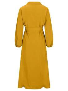 Long Arabian Style Solid Color Lantern Sleeve Button Front Dress, Modest