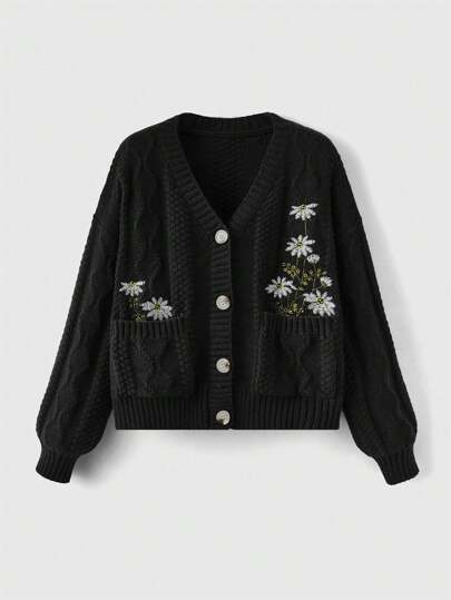 Fairycore Casual Floral Embroidered Black Cardigan, Autumn