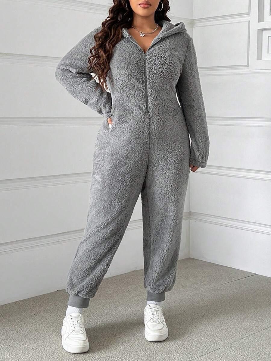 SHEIN EZwear Plus Size Hooded Fleece Jumpsuit, Autumn & Winter