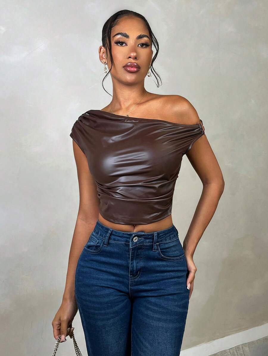 SHEIN BAE 优雅女士外出装，皮革/PU 斜肩不对称背心，适合秋季、日常约会、派对、万圣节、巧克力色 - 咖啡棕 - 查看 1