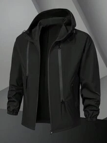 Manfinity Homme Áo khoác nam dài tay có mũ trùm đầu đơn sắc khóa kéo phía trước kiểu dáng tối giản - màu đen - Xem 1